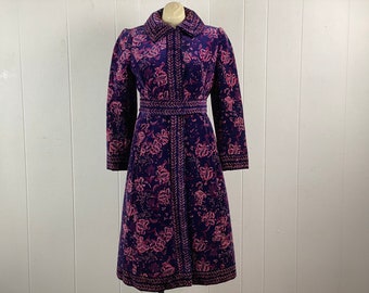 Vintage coat, velvet coat, 1960s coat, purple and pink coat, designer coat, belted coat, Cardinal Detroit, vintage clothing, size medium