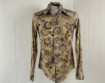 Vintage shirt, size small, disco shirt, 1970s shirt, abstract shirt, floral shirt, Van Heusen Sportswear, nylon shirt, vintage clothing