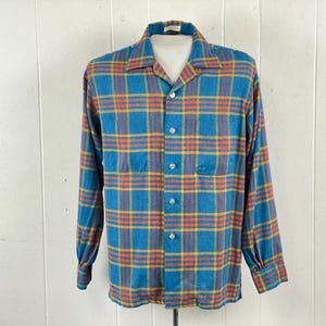 Vintage shirt, size medium, 1960s shirt, plaid shirt, Donegal shirt, top button loop, rayon acrylic shirt, rockabilly, vintage clothing