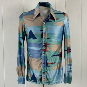 Vintage shirt, size medium, disco shirt, 1970s shirt, sailboat shirt, sunset shirt, nylon shirt, vintage clothing