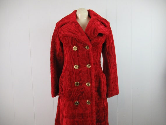 Vintage coat, red coat, women's coat, long coat, velour coat, 1960s coat, double breasted, maxi coat, vintage clothing, size small