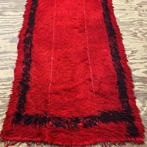 May include: A red shag rug with a black border. The rug has a long fringe around the edges.