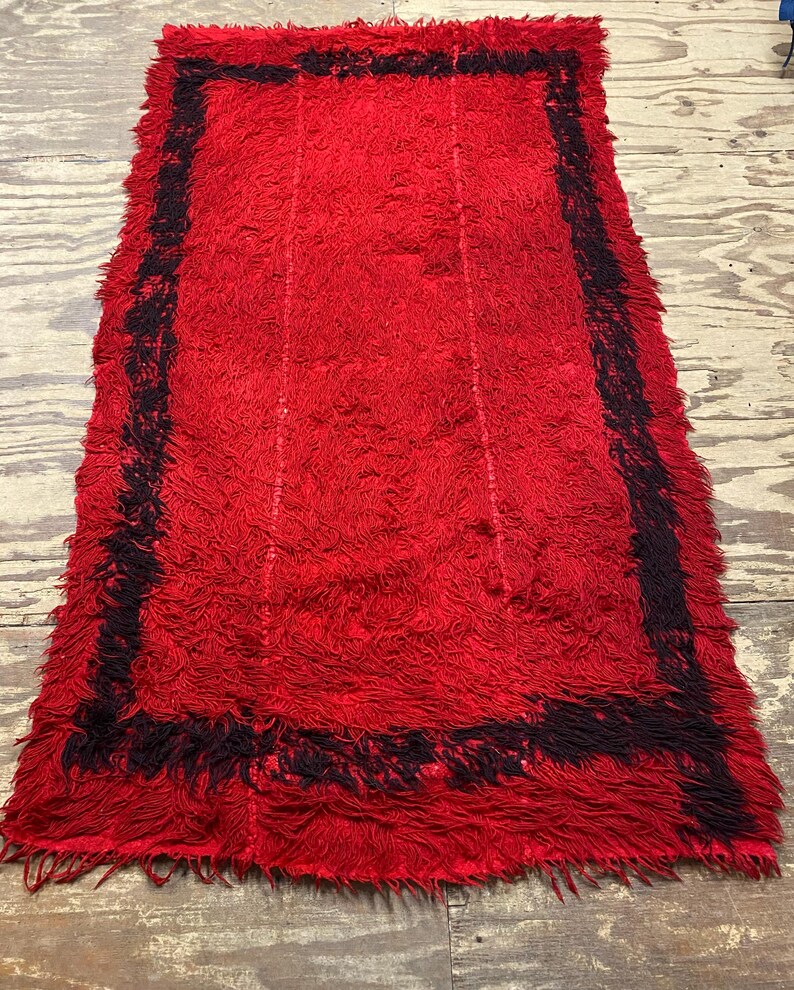 May include: A red shag rug with a black border. The rug has a long fringe around the edges.