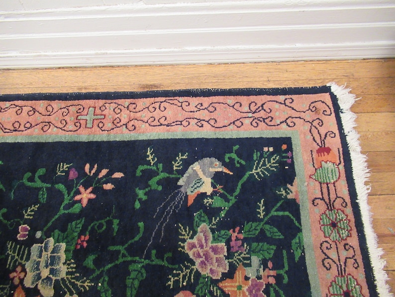 Vintage tapijt, Chinees tapijt, jaren 1920 tapijt, Art Deco tapijt, handgemaakt tapijt, wollen tapijt, Chinees textiel, weven, 5 ' x 3' afbeelding 3