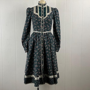 Vestido vintage, talla pequeña, vestido Gunne Sax, vestido de percal verde, vestido hippie, vestido estilo pradera, vestido eduardiano, vestido estilo cottage core, ropa vintage