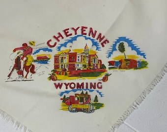 Vintage scarf, 1940s cowboy scarf, Cheyenne Wyoming scarf, travel scarf, souvenir scarf, rayon scarf, western scarf, vintage clothing