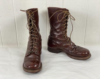 WWII 1940s jump boots, paratrooper boots, vintage boots, 1940s boots, antiqued military boots, brown leather boots, vintage clothing size 7