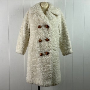 Vintage coat, 1960s coat, mod coat, faux fur coat, wood button coat, double breasted coat, Lamb coat, vintage clothing, size large