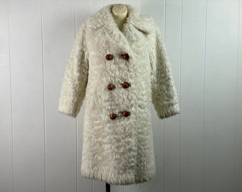 Vintage coat, 1960s coat, mod coat, faux fur coat, wood button coat, double breasted coat, Lamb coat, vintage clothing, size large