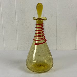 Blenko glass bottle, yellow crackle glass, 1960s glass, mid century modern, Joel Myers glass, Blenko 6838 , red spiral, vintage decor