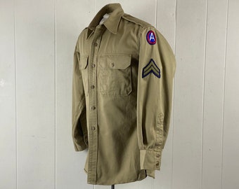 Vintage shirt, size medium, military shirt, 1950s shirt, Army shirt, khaki cotton shirt, shirt with patches, fitted shirt, vintage clothing