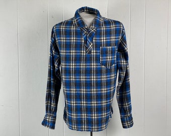 Vintage shirt, size medium, 1950s shirt, plaid shirt, rockabilly shirt, blue shirt, spread collar, pull over shirt, vintage clothing