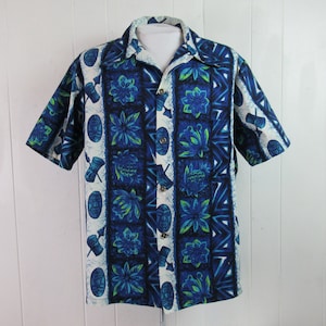 Vintage shirt, Hawaiian shirt, Tiki mask, blue Hawaiian, 1960s shirt, Ui Maikai shirt, vintage clothing, size large