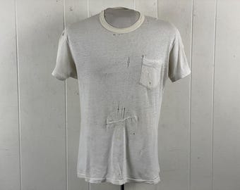 Vintage t shirt, size large, 1950s t shirt, 1950s pocket t shirt, Healthknit t shirt, distressed t shirt, plain t shirt, vintage clothing