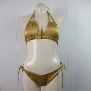 Vintage bikini, 1980s bikini, spaghetti string bikini, silk bikini, gold bathing suit, swimsuit, vintage swimwear, vintage clothing, size M