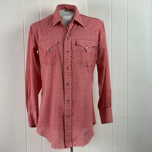 Vintage 1970s shirt, H BAR C shirt, cowboy shirt, rockabilly shirt, red check shirt, western shirt, vintage clothing, size MEDIUM
