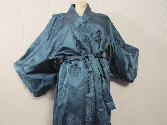 robe Dynasty teal 16 silk kimono made in Hong Kong silk kimono Vintage 60s silk robe gold