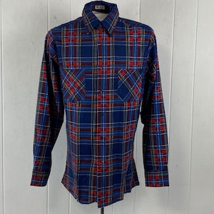 Vintage shirt, size small, 1980s shirt, cotton flannel shirt, plaid shirt, blue plaid shirt, Saugatuck shirt, vintage clothing, NOS