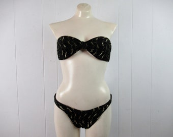 Vintage bikini, gold and black swimsuit, 1980s bikini, 80s bathing suit, Sandcastle bikini, vintage swimwear, vintage clothing, size medium