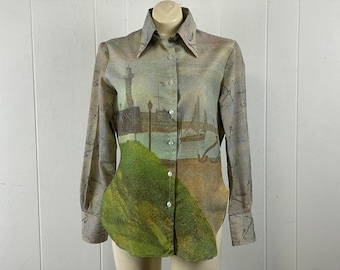Vintage shirt, size large, disco shirt, 1970s blouse, 1970s shirt, Disco blouse, Impressionistic shirt, Collage shirt, vintage clothing