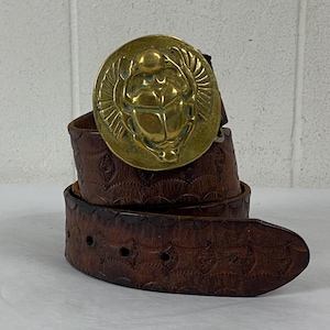 Vintage belt, size medium, Scarab belt, Scott Nelles buckle, brass buckle, leather belt, hand tooled, hippie belt, vintage clothing