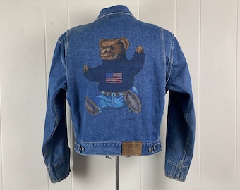 Vintage jacket, denim jacket, Polo Bear jacket, trucker jacket, American flag sweater, Lauren jacket, Teddy bear, vintage clothing, small
