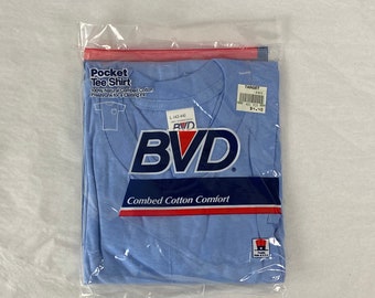 Vintage t shirt, size large, pocket t shirt, 1980s t shirt, blue pocket t shirt, B.V.D. t shirt, plain t shirt, vintage clothing, NOS