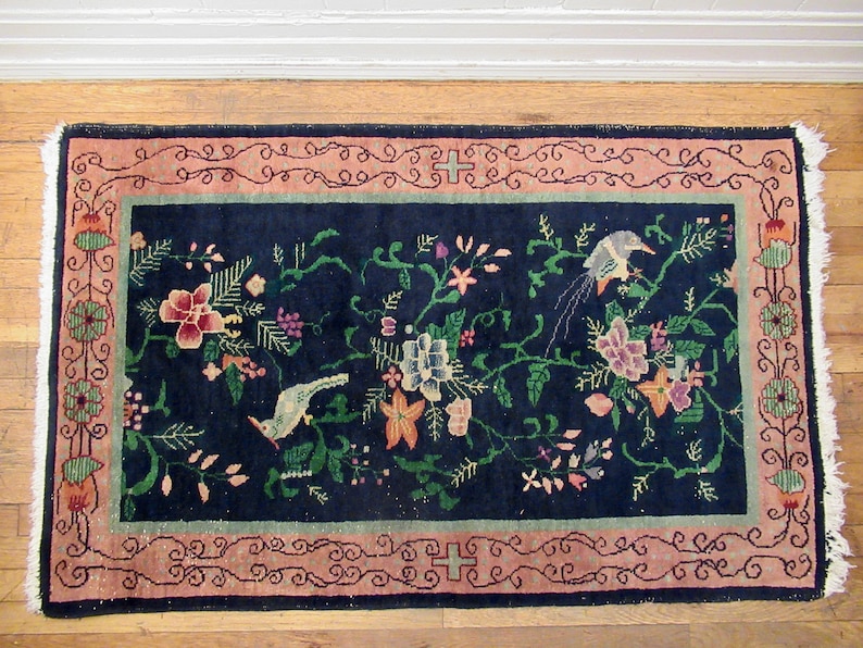 Vintage tapijt, Chinees tapijt, jaren 1920 tapijt, Art Deco tapijt, handgemaakt tapijt, wollen tapijt, Chinees textiel, weven, 5 ' x 3' afbeelding 1