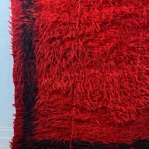 May include: A red shag rug with a black border. The rug has a long, fluffy pile and is made of wool.