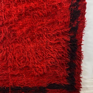 May include: A red shag rug with a black border. The rug has a long, shaggy pile and is made of a soft, plush material.