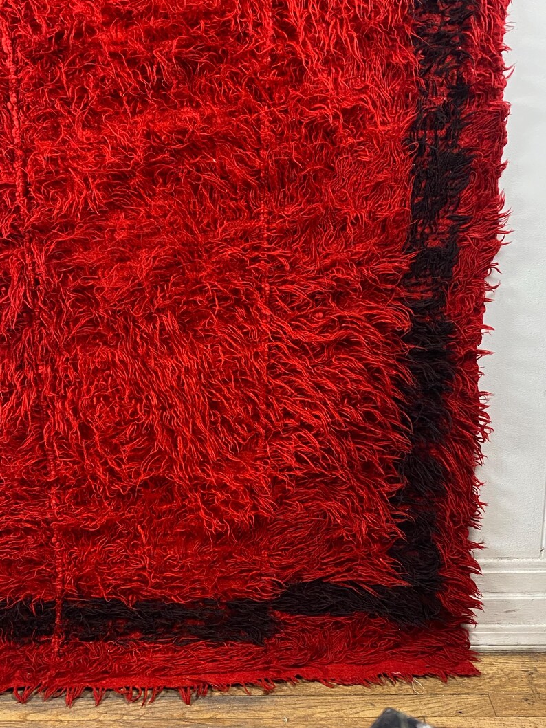 May include: A red shag rug with a black border. The rug has a long, shaggy pile and is made of a soft, plush material.