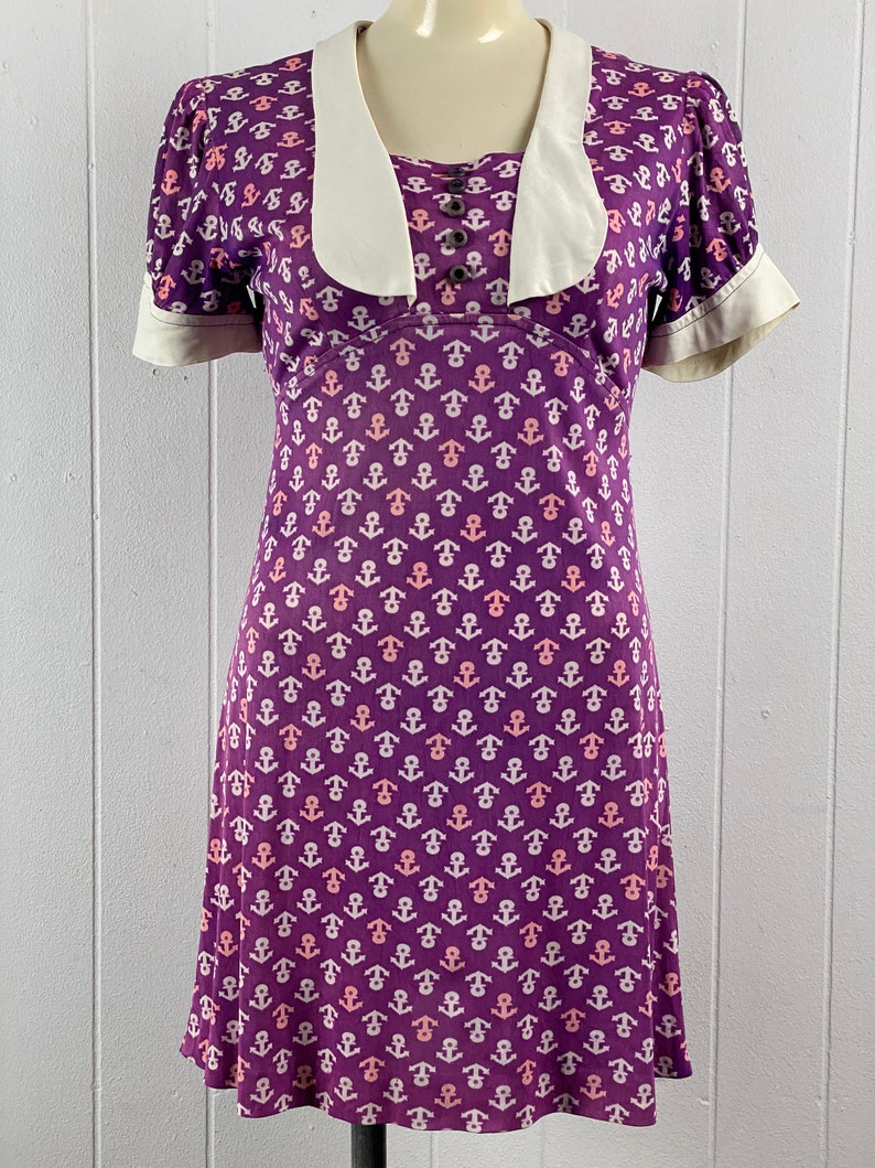 Vintage dress, anchor dress, 1960s dress, sailor dress, nautical dress, purple dress, nylon dress, Mod dress, vintage clothing, size small image 2