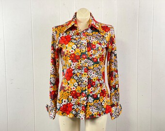 Vintage shirt, size medium, 1960s blouse, flowers shirt, daisies shirt, women's shirt, Disco shirt, floral blouse, vintage clothing