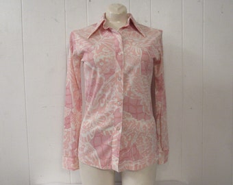 Vintage shirt, Disco shirt, 1970s shirt, pink shirt, Polyester shirt, abstract print shirt, vintage clothing, medium