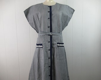 ヴィンテージドレス、1940 年代のドレス、ストライプドレス、コットンドレス、ブルードレス、Top Mode Frocks、ヴィンテージ衣類、サイズ XL、NOS