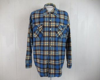 Vintage shirt, flannel shirt, cotton flannel shirt, Osh Kosh shirt, blue flannel, 1960s shirt, vintage clothing, size XL