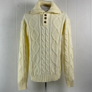 Vintage sweater, size large, 1960s sweater, cable knit sweater, Sears Kings Road, mod sweater, white sweater, vintage clothing