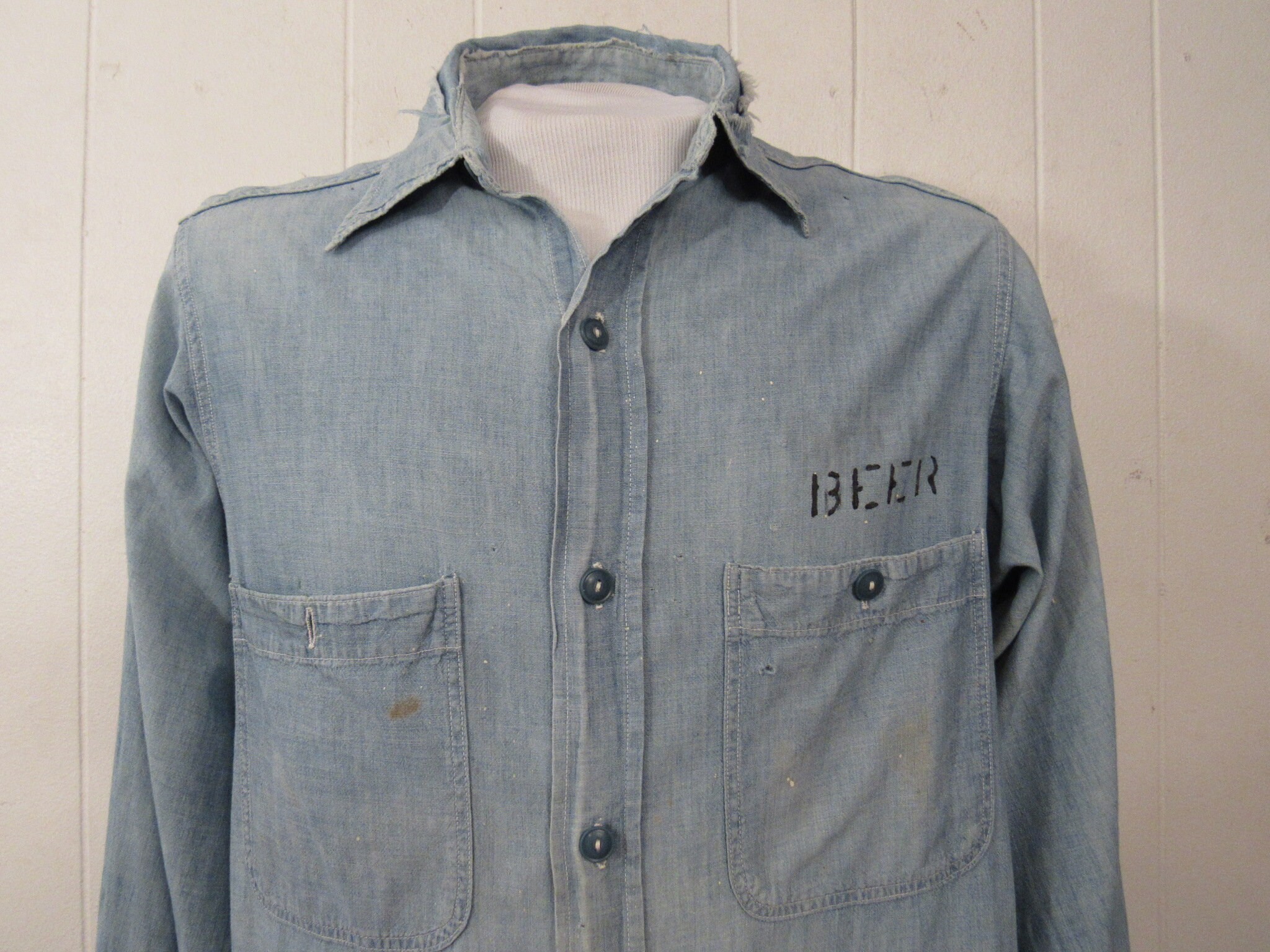 Vintage Shirt, 1940s Shirt, Chambray Shirt, WWII Shirt, Beer Vintage Shirt, 1940s Shirt, Chambray Shirt, WWII Shirt, Beer