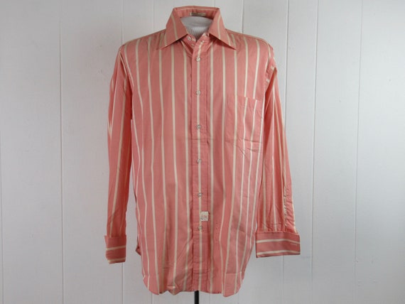 Vintage shirt, 1950s shirt, button down, striped shirt, pink shirt, Capper & Capper, French cuff, vintage clothing, size large, NOS