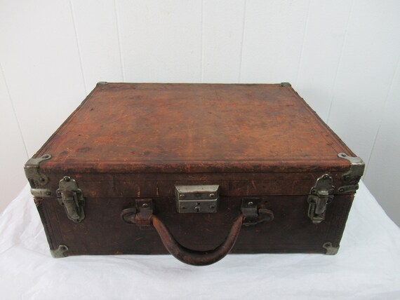 Vintage Suitcase with Key Retro metal and leather Suitcase from 1900-1930s Home Decor Storage Industrial decor
