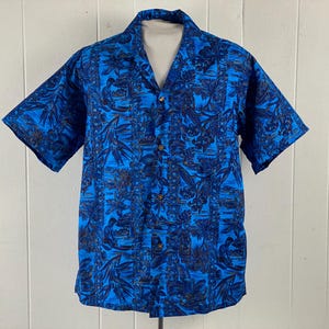 Vintage shirt, size large, Hawaiian shirt, Tiki shirt, blue Hawaiian, 1950s shirt, top button loop, vintage Hawaiian, vintage clothing, NOS