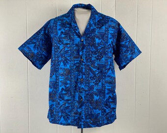 Vintage shirt, size large, Hawaiian shirt, Tiki shirt, blue Hawaiian, 1950s shirt, top button loop, vintage Hawaiian, vintage clothing, NOS