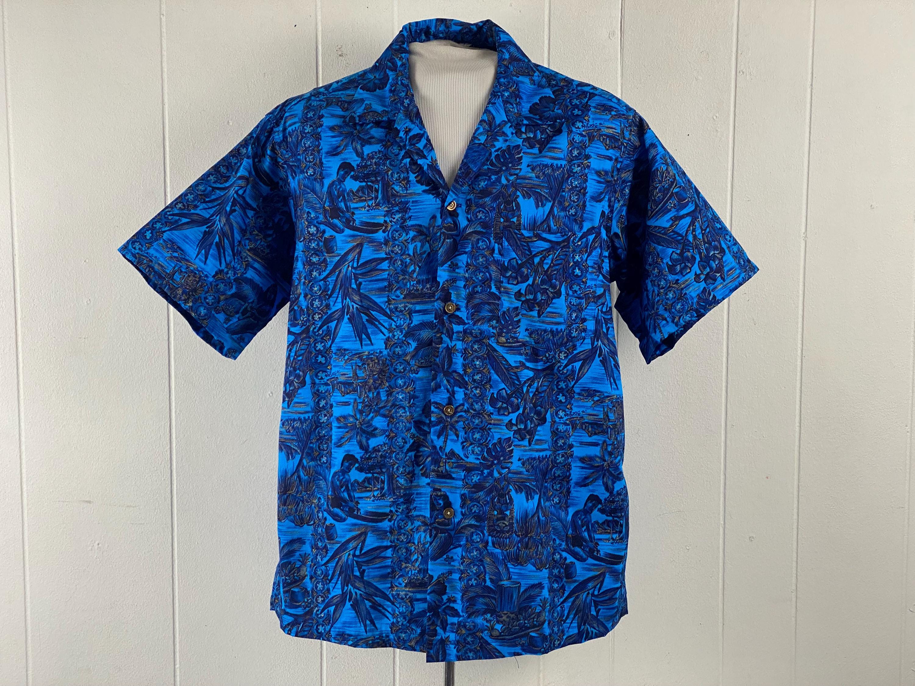 Vintage Shirt, Size Large, Hawaiian Shirt, Tiki Shirt, Blue
