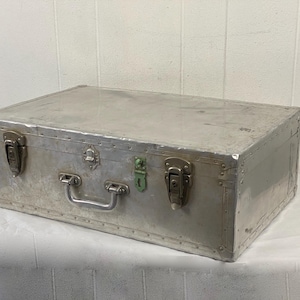 Vintage suitcase, aluminum suitcase, vintage luggage, 1940s suitcase, metal luggage, metal trunk, mid century, machine age, vintage decor