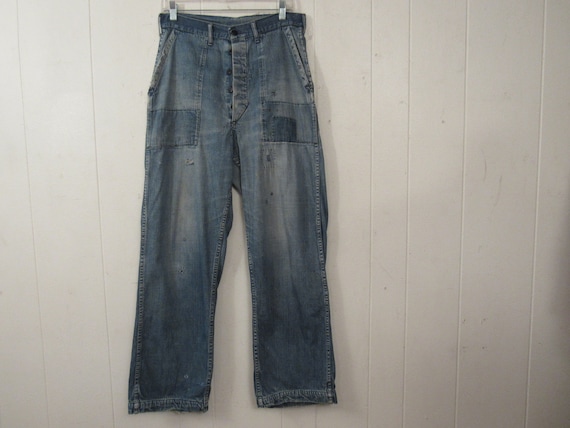 Vintage denim pants, 1940s pants, patched pants, 1