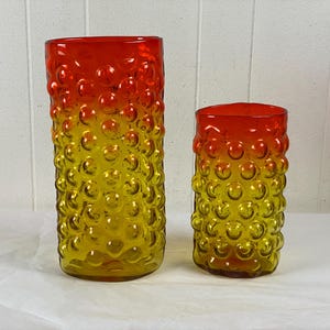 2 vintage Blenko glass vases, 13.75&quot; and 9 7/8&quot;, Tangerine bubble vase set, mid century modern vase, 1950s glass, tangerine, vintage Blenko
