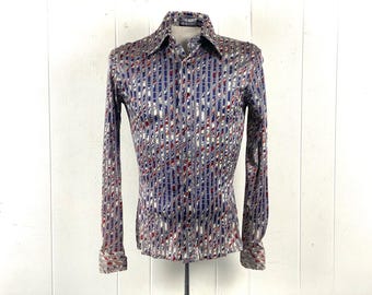 Vintage shirt, size small, Disco shirt, 1970s shirt, retro shirt, cubist disco shirt, abstract shirt, button down, vintage clothing