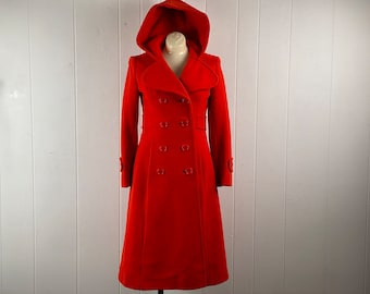 Vintage coat, red coat, hooded coat, long coat, double breasted coat, 1960s coat, Saks Fifth Ave, maxi coat, vintage clothing, size medium