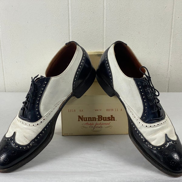 Zapatos vintage, talla 11 A, zapatos de la década de 1950, espectadores, puntas de ala vintage, oxfords de 2 tonos, zapatos Nunn Bush, blanco y negro, ropa vintage