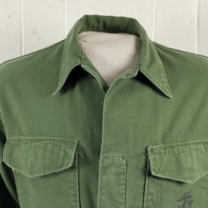 May include: Olive green button-up shirt with two front pockets and a collared neckline. The shirt is displayed on a mannequin. The shirt has a small graphic on the lower right side.